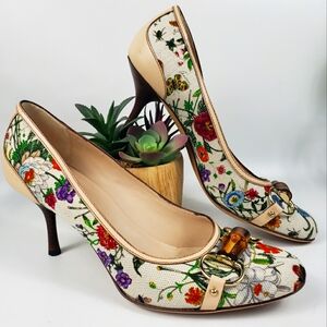 Gucci Horsebit Bamboo Floral Print Canvas Pump Luxury sz 8.5
